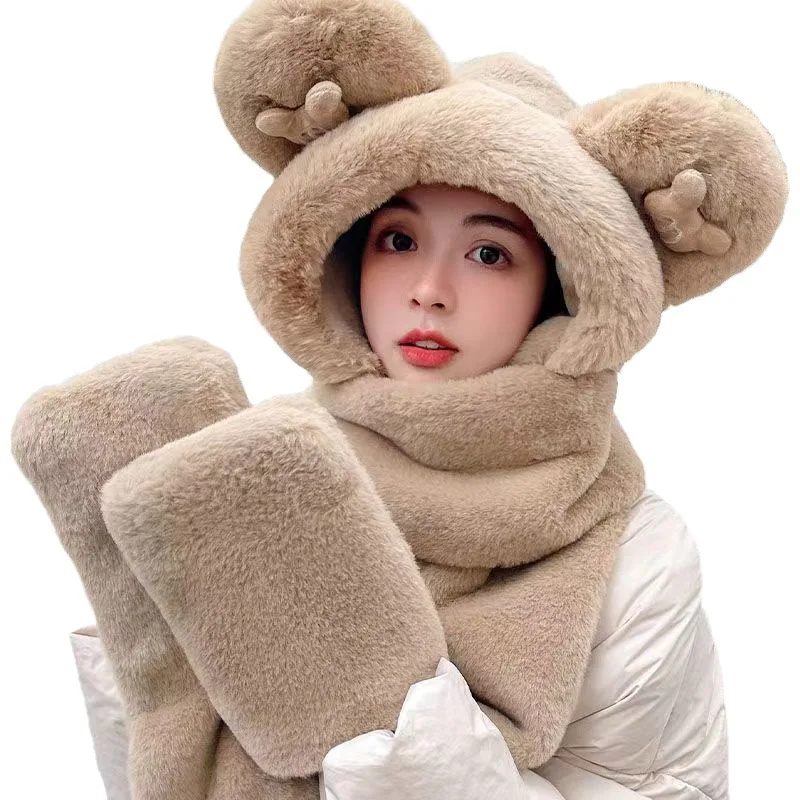Kapa malog medvjeda, zimski ženski korejski univerzalni šal, obložen Slatka zaštitna torbica za uši, toplo komplet od tri predmeta za vrat