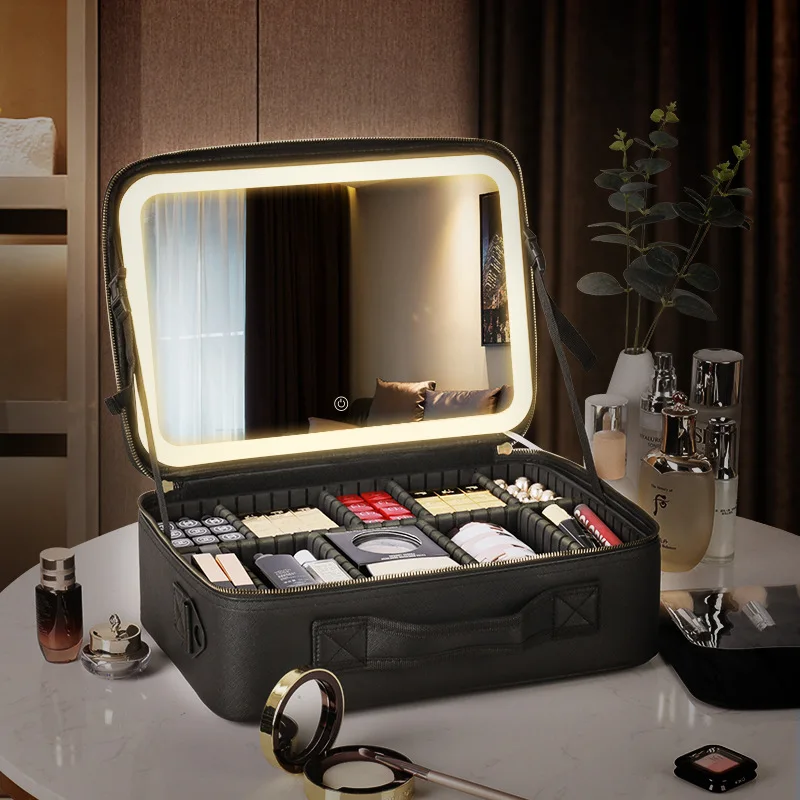 Косметичка s ogledalom, prijenosni косметичка s led pozadinskim osvjetljenjem, kutija za pohranu kozmetike velikog kapaciteta